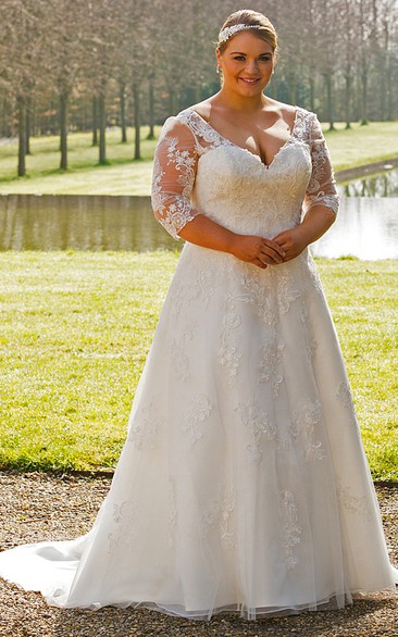 Plunged Illusion 3-4-sleeve plus size Wedding Dress With Corset Back