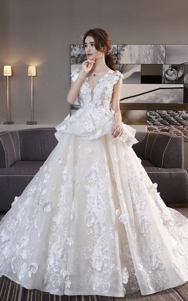 3D Floral Appliqued Princess Cap Sleeve Lace Ballgown Wedding Dress With Peplum Skirt And Lace-up