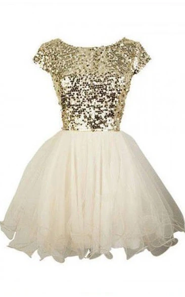 Short Sleeve A-line Ball Gown Short Mini Bateau Ruffles Sequins Tulle Sequins Homecoming Dress