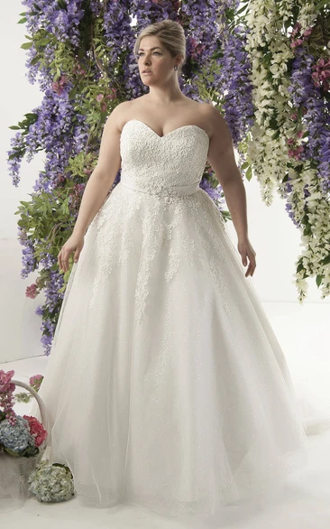 Sweetheart A-line Tulle Ball Gown With Appliques And Sweep Train