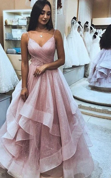 Spaghetti Criss-cross Ruched A-line Ball Gown Layered Tulle Blush Formal Dress
