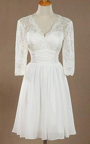 Plunged Long Sleeve 3-4-sleeve short Wedding Dress With Ruched waist
