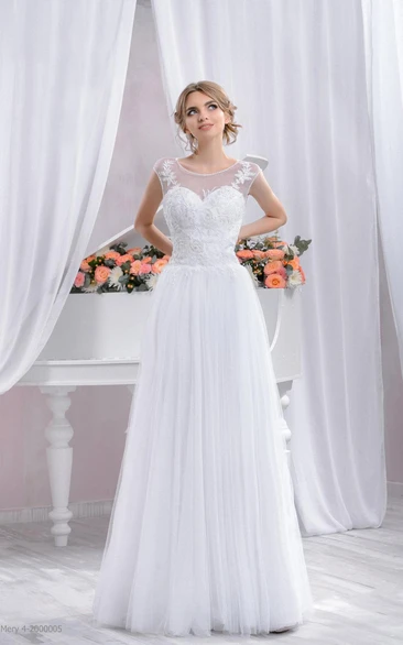 Scoop-neck Cap-sleeve Tulle A-line Dress With Appliques And Illusion