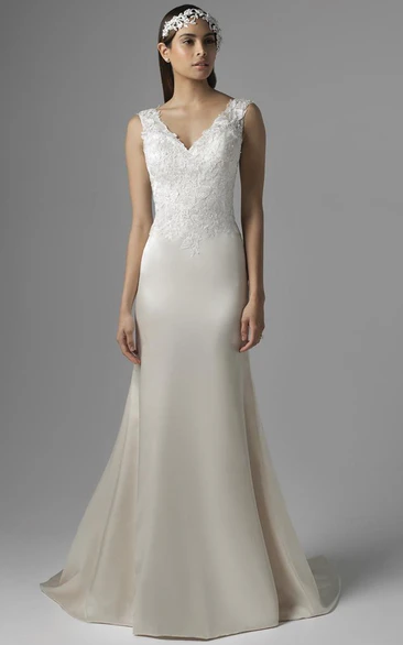 Sheath V-neck Sleeveless Sweep Train Satin Wedding Dress with Low-V Back and Appliques