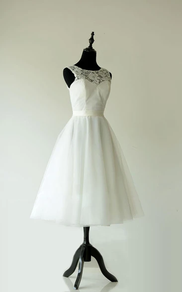 Wedding Lace Sheer Back Tea-Length Jewel-Neckline Gown