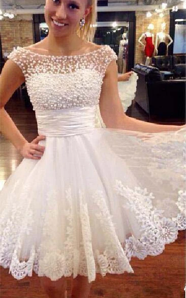 Bateau Lace Tulle Cap Short Sleeve Wedding Dress