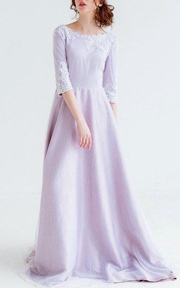 Bateau 3-4-sleeve long Dress With Appliques And Low-V Back