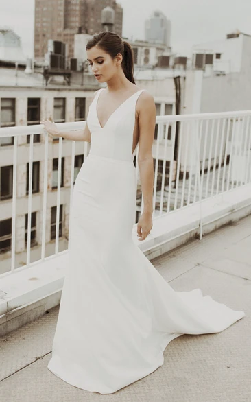 Mermaid V-neck Sexy Satin Wedding Gown With Train And Deep V-back