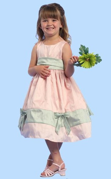 Bowknot Sleeveless Tea-Length Satin Flower Girl Dress