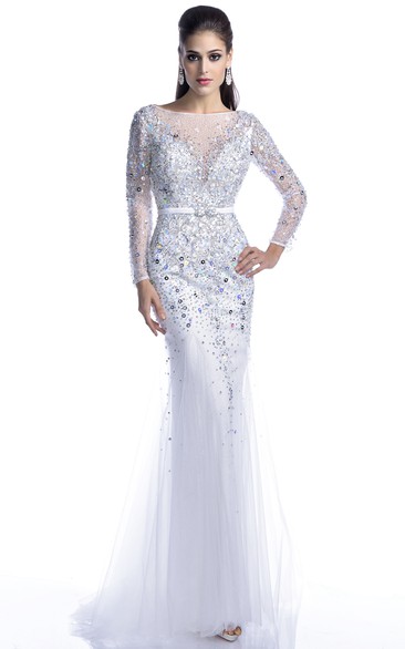 jeweled Illusion Long Sleeve Sheath Tulle Prom Dress With Backless design