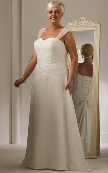Sheath Straps Sleeveless Floor-length Satin Wedding Dress with Corset Back and Ruching