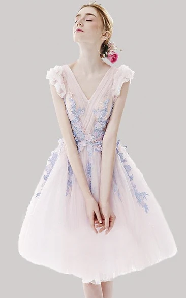 Adorable Knee Length Tulle Dress With Floral Appliques And Cap Sleeves