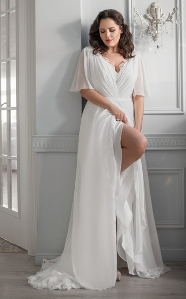 Chiffon V-neck Front Split Short-sleeve Ruched Plus Size Wedding Dress with Sweep Train