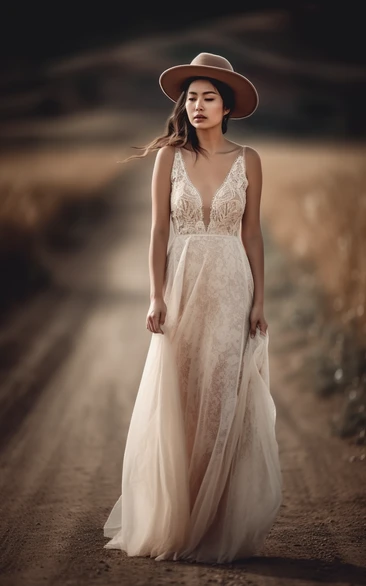 Spaghetti Plunged Lace Boho Flowy Country Tulle Wedding Dress