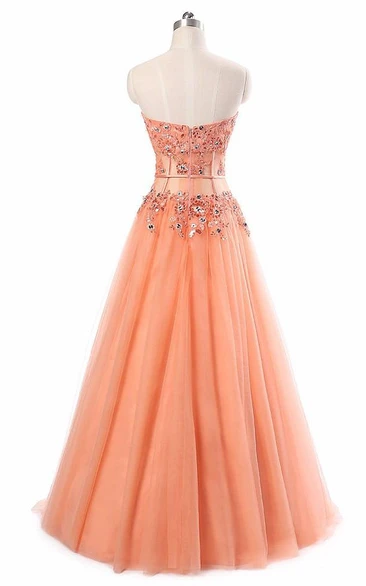 Sweetheart Sleeveless Appliques Long Tulle Lace Dress