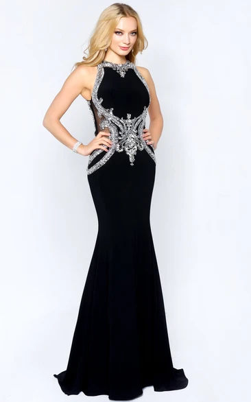Sheath Jewel Sleeveless Sweep Train Jersey Prom Dress with Straps and Crystal Detailing