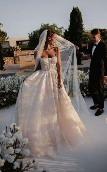 Luxury Beaded Spaghetti Empire A-line Sequin Wedding Dress