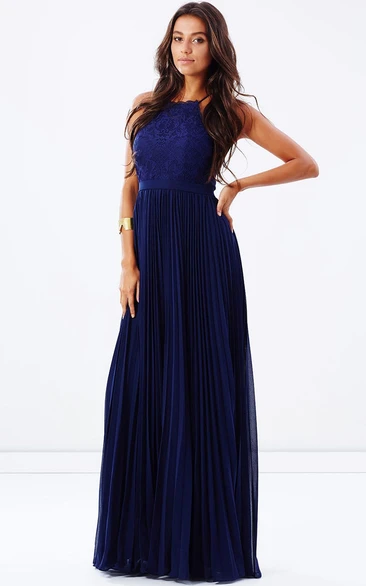 Spaghetti Pleated Long Dress With Appliques And Zipper