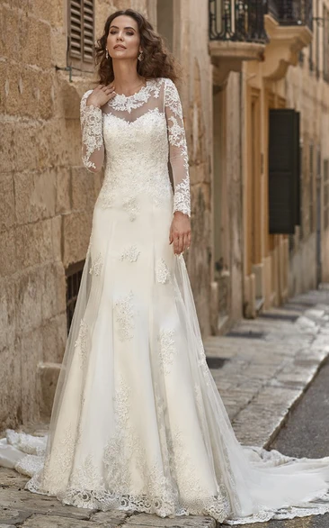 A-line Scoop Long Sleeve Floor-length Lace Wedding Dress with Illusion and Appliques
