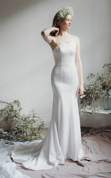 Asymmetrical Simple Mermaid Bridal Gown With Spaghetti Straps And Open Back