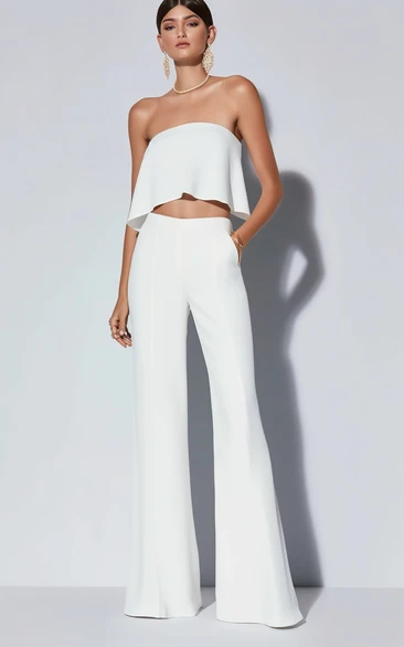 Casual Two Piece Satin Chiffon Draping Bridal Jumpsuit with Pockets