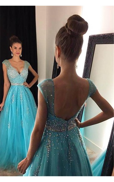 Jewels Floor-Length A-Line Tulle V-Neckline Elegant Prom Dress