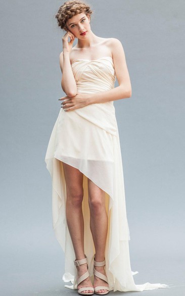 Strapless Chiffon Front-split High-low Dress With Ruching And Sweep Train