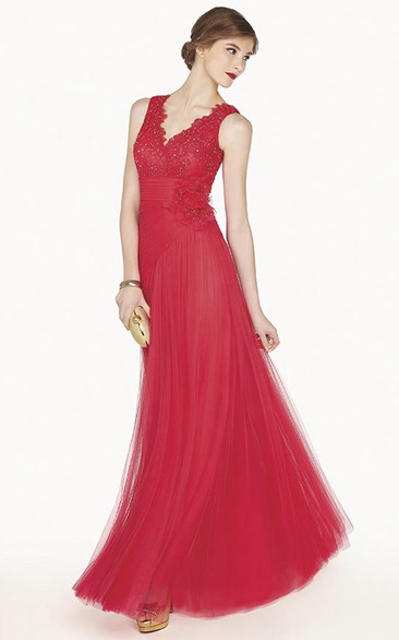 V-neck Sleeveless Tulle Dress With Beading And Appliques