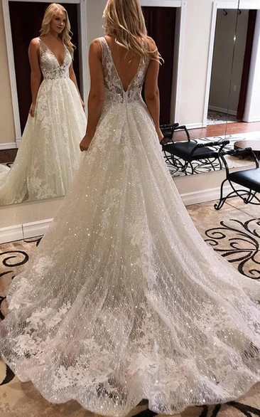 Sassy V-neck Plunged Sleeveless A-line Beaded Ball Gown Wedding Dress with Court Train