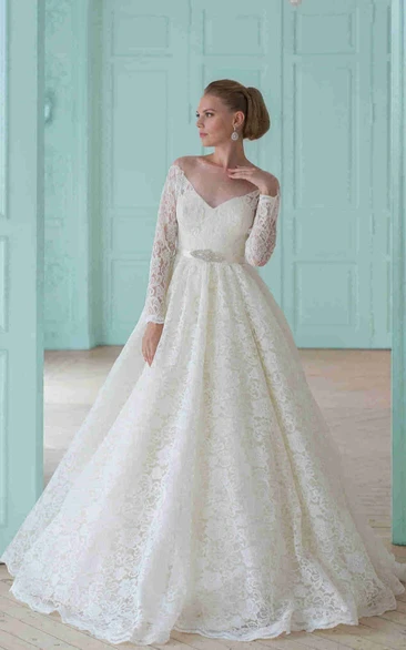 Ball Gown Scoop Long Sleeve Floor-length lace Wedding Dress with Illusion and Waist Jewellery