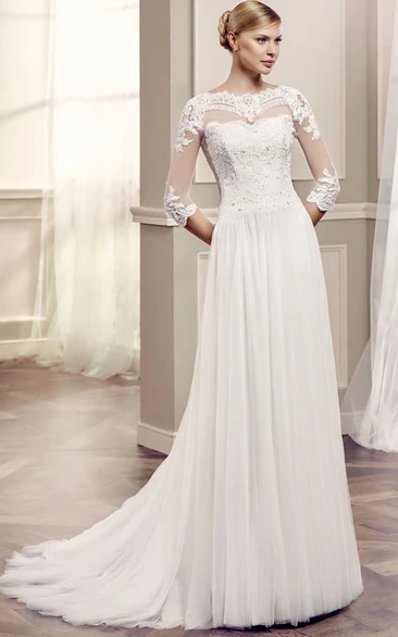 Bateau 3-4-sleeve Tulle Appliqued Dress With Illusion