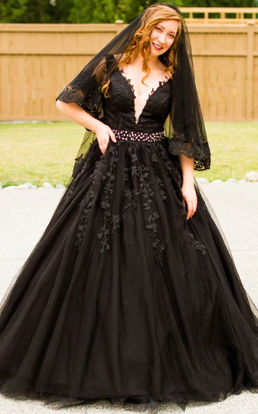 Gothic Black Ball Gown V Neck Floor Length Tulle Wedding Dress with Appliques and Beaded Belt
