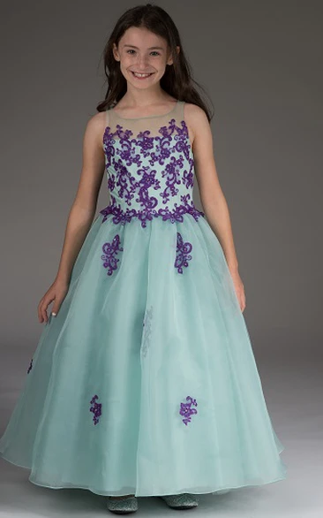 Appliqued Bodice Organza Illusion-Neckline Flower Girl Dress