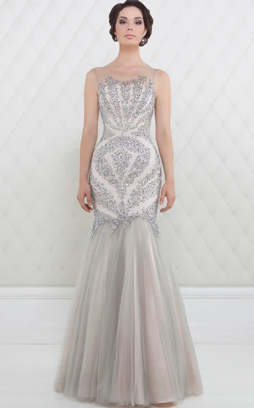 Mermaid/Trumpet Scoop Sleeveless Floor-length Tulle Evening Dress with Illusion and Beading