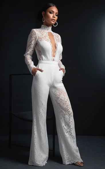 High Neck Lace Illusion Wide Leg Bridal Jumpsuit with Pockets