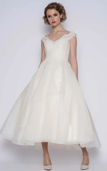 Elegant Organza Ball Gown V-neck Cap-Sleeve Ankle Length Wedding Dress