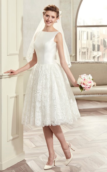 Bateau Sleeveless Satin A-line short Wedding Dress With Lace skirt