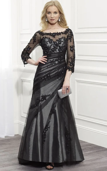 Bateau Lace Appliques Illusion Long Sleeve Dress With Low-V Back 