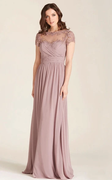 Short Sleeve Bateau Chiffon Mother of the Bride Dress With Appliques And Low-V Back