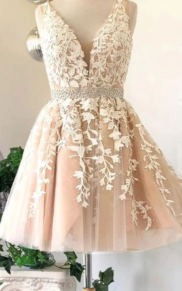 Plunged Beaded Pearl Pink Empire A-line Short Lace Prom Dress