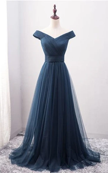 Ethereal Floor-length Short Sleeve Corset Back Tulle A Line Formal Dress with Ruching