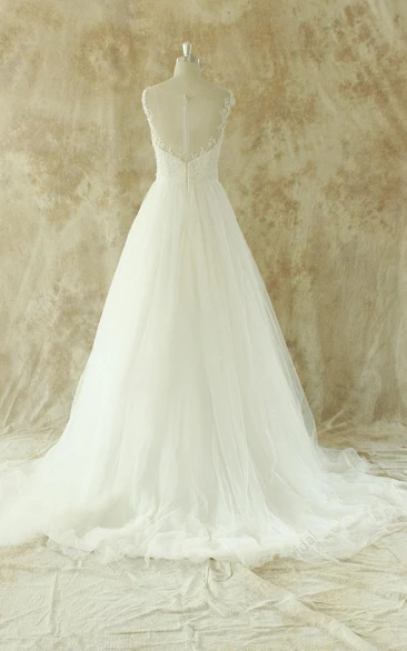 Sleeveless Illusion Back A-Line Floor-Length Tulle Wedding Dress