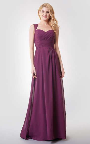 Queen Anne Sweetheart Criss cross Ruched Floor-length Dress With Keyhole