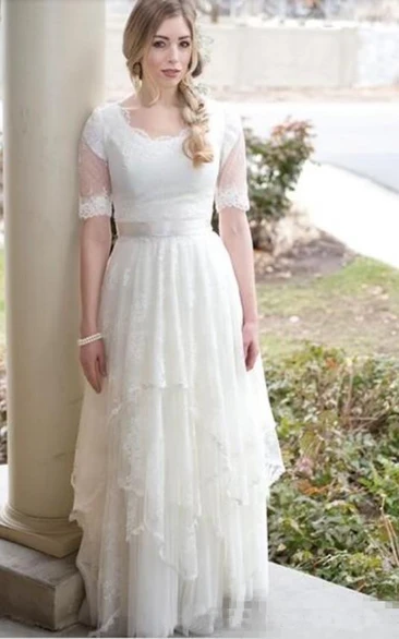 Scalloped Lace Tulle Illusion Short Sleeve Wedding Gown