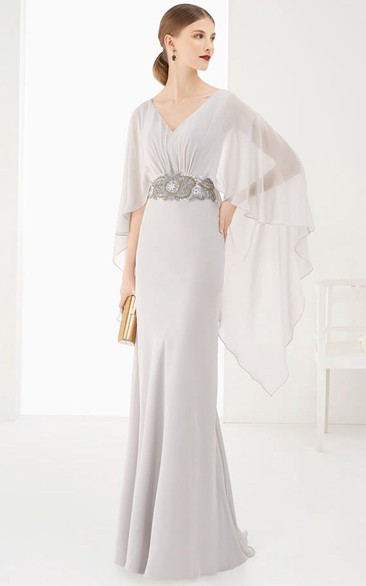 V-neck Bat-sleeve Sheath Dress With Embellished Waist 