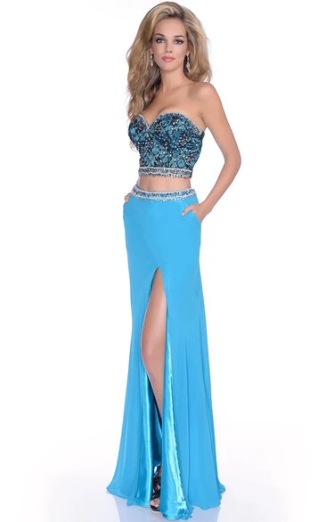 Column Front Slit Featuring Shining-Bodice Sweetheart Strapless Jersey Crop-Top Formal Dress