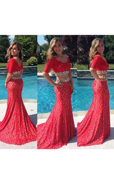 Lace V-neck Short Sleeve Beaded Two Piece Prom Dress With Sweep Train