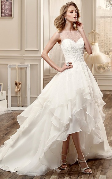 High-low Sleeveless Ruffled A-line Wedding Dress With Appliques And Deep-V Back