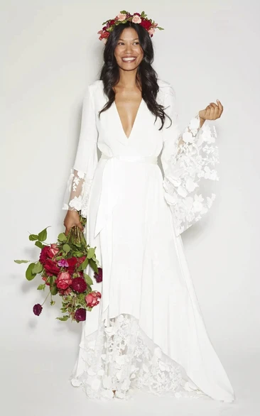 Hippie Bohemian Bell Long Sleeve Plunged V-Neck Casual Lace Wedding Dress