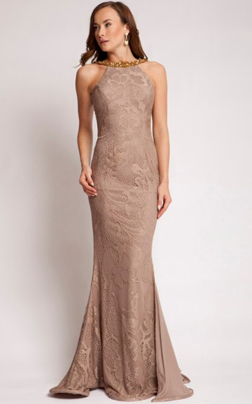 Sheath High Neck Sleeveless Floor-length Lace Mother of the Bride Dress with Open Back and Beading